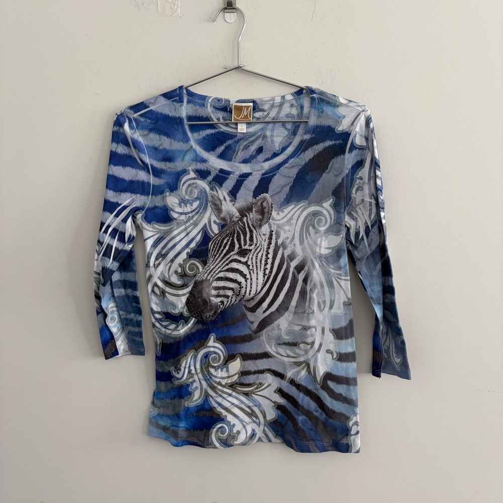 JM Collection Zebra Print Blue White Scroll 3/4 Sleeve Top Small